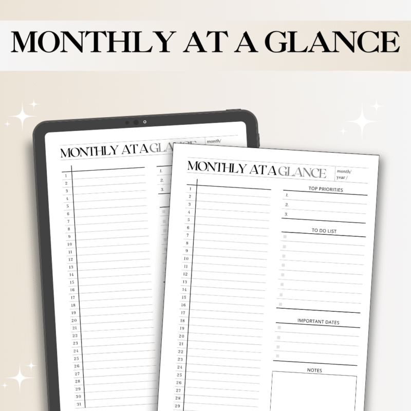 Monthly At A Glance Planner – Digital & Printable | Priorities, To-Do, Important Dates