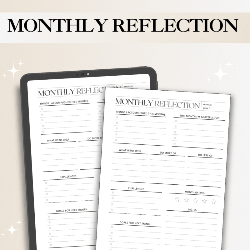 Monthly Reflection Planner – Digital Journal for Self-Growth, Productivity & Goal Setting | Printable PDF